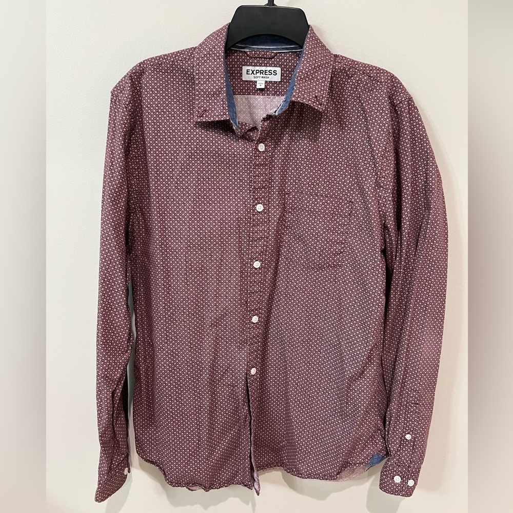Express Soft Wash Maroon Geometric Print Button Down Shirt Men's Large